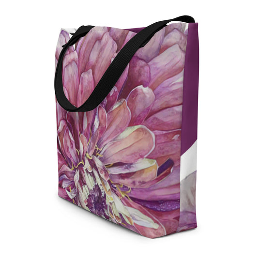 Salmon zinnia art by stacy ann pugh on beach tote bag